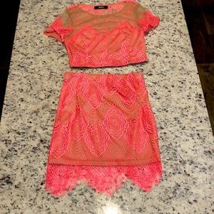 Lulus Pink & Nude crop top & skirt set, size Small